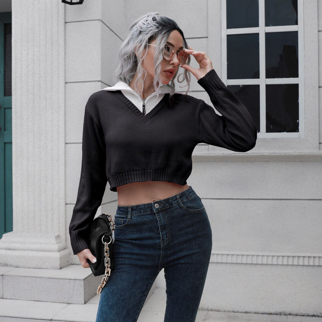 Damen Cropped Pullover mit hohem Kragen und verdecktem Reißverschluss R&B