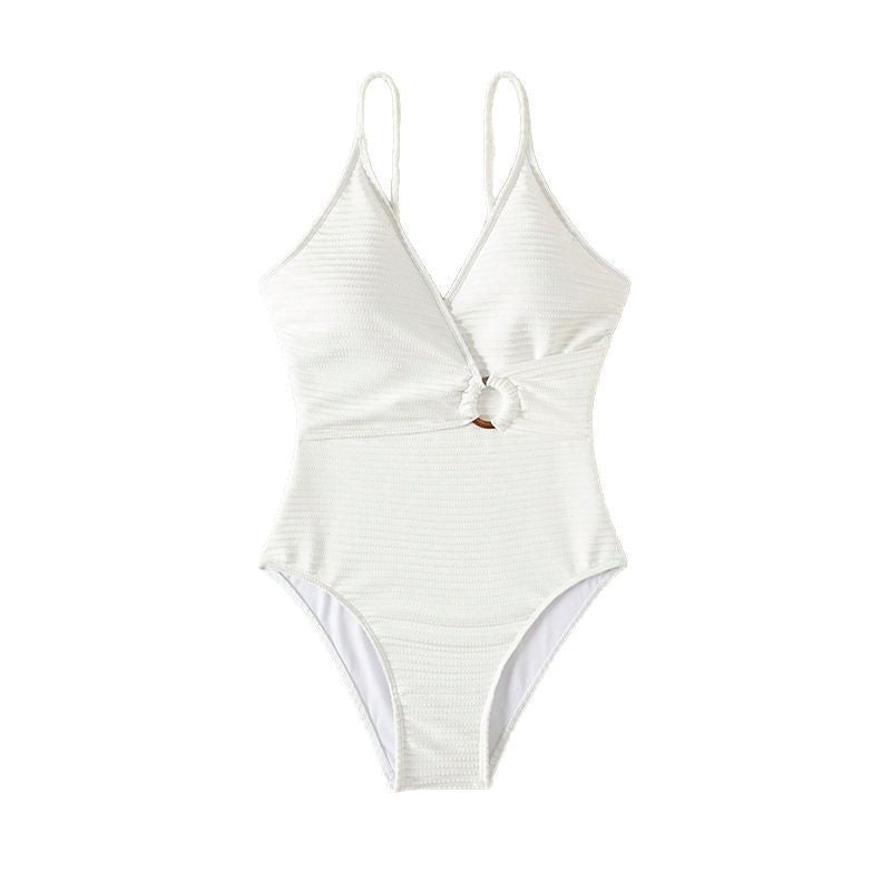 Damen Einteiler Badeanzug mit tiefem V-Ausschnitt und stylishen Knoten-Detail R&B