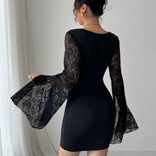 Damen Mini-Kleid mit transparenter Spitzenärmel und figurbetontem Schnitt R&B
