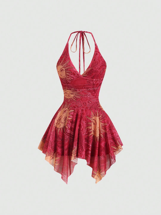Damen lässiges Strandkleid mit asymmetrischem Saum und raffiniertem Druck R&B