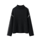 Damen modischer Strickpullover mit hohen Kragen und eleganten Seitendetails R&B