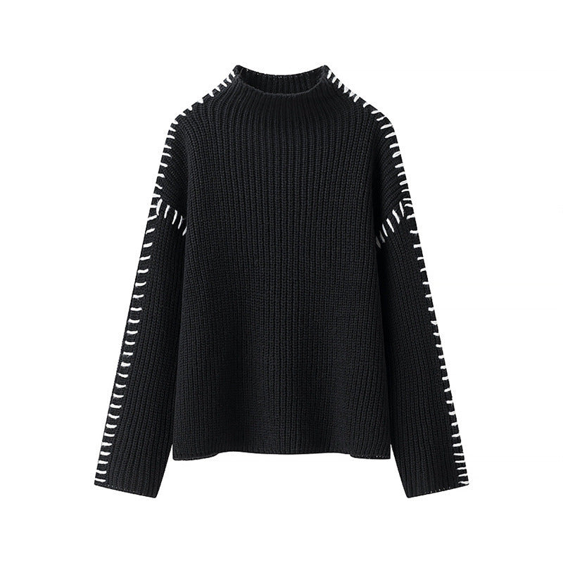 Damen modischer Strickpullover mit hohen Kragen und eleganten Seitendetails R&B