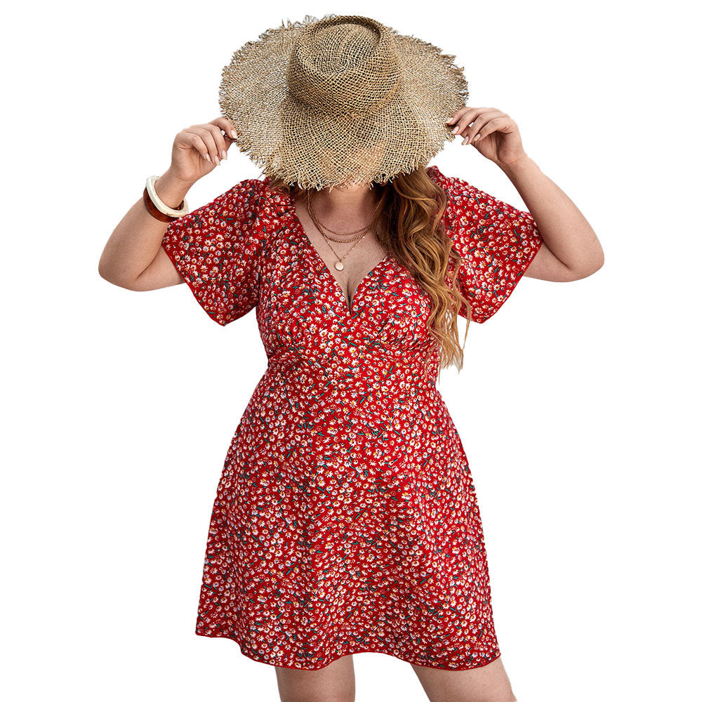 Damen Blütensommerkleid mit V-Ausschnitt und lockeren Ärmeln R&B