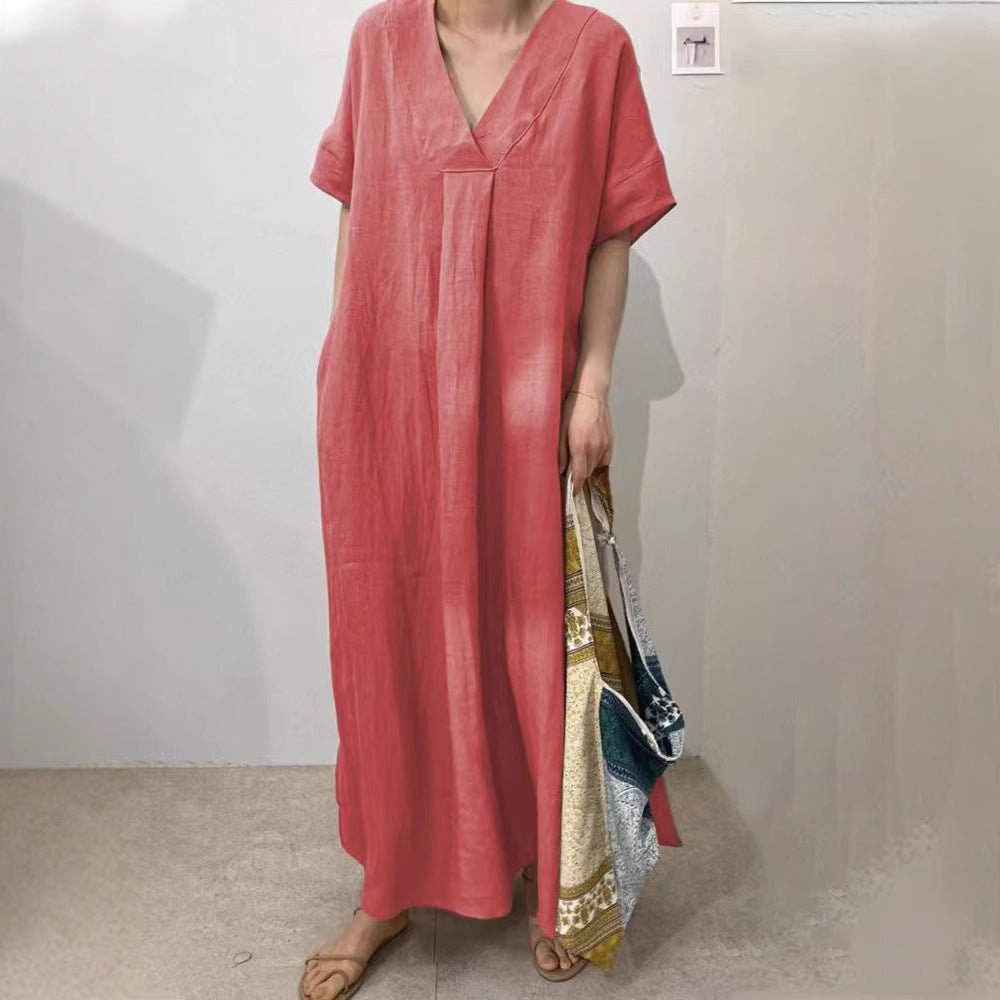 Damen Langes Leinenkleid mit V-Ausschnitt und lässigem Schnitt R&B