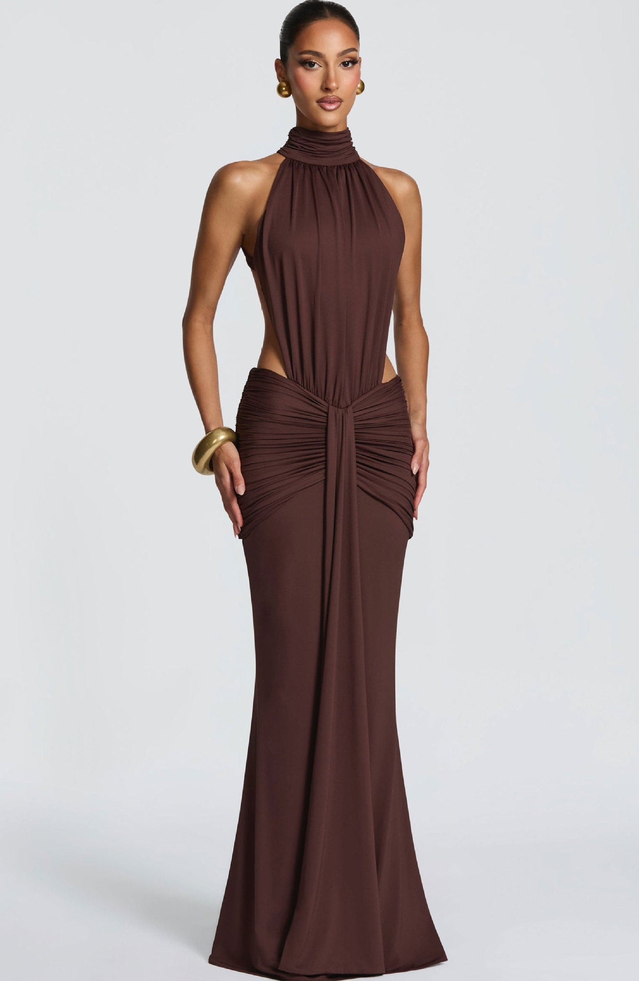 Damen Elegantes Maxikleid mit schickem Halterdesign und raffiniertem Drapierungselement EB