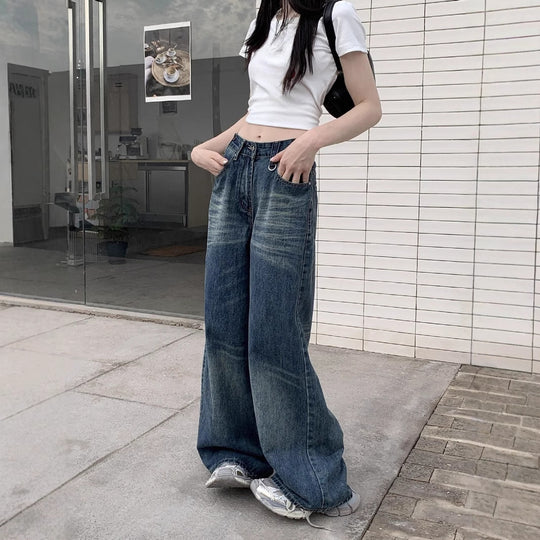 Damen Hoch geschnittene Wide-Leg Jeans mit lässigem Schnitt und einzigartiger Waschung R&B