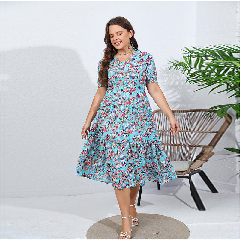 Damen Midikleid mit floralen Rüschendetails und elastischem Taillenbund R&B