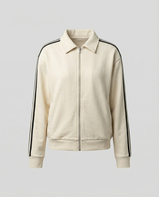 Damen sportlich-elegante weite Reißverschlussjacke mit Hemdkragen, Eingrifftaschen und kontrastierenden Ärmelstreifen R&B