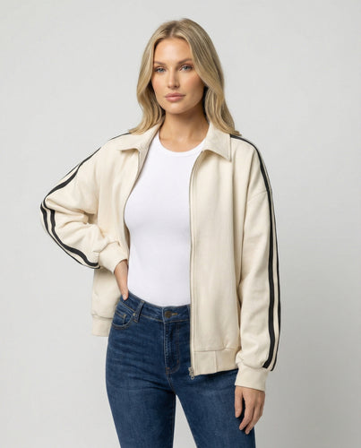 Damen sportlich-elegante weite Reißverschlussjacke mit Hemdkragen, Eingrifftaschen und kontrastierenden Ärmelstreifen R&B