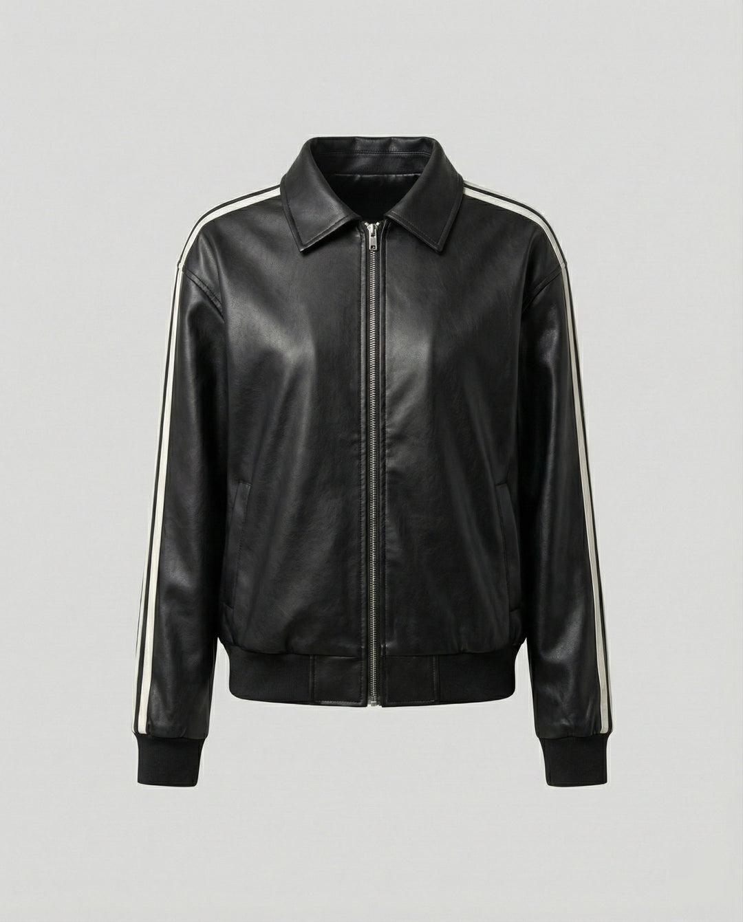 Damen sportlich-elegante weite Reißverschlussjacke mit Hemdkragen, Eingrifftaschen und kontrastierenden Ärmelstreifen R&B
