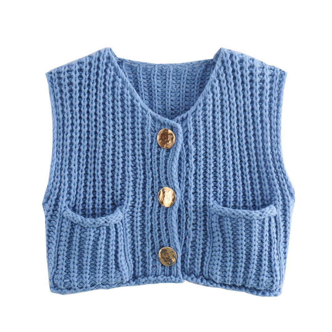 Damen modische Strickweste mit dekorativen Knopfdetails und praktischen Taschen R&B