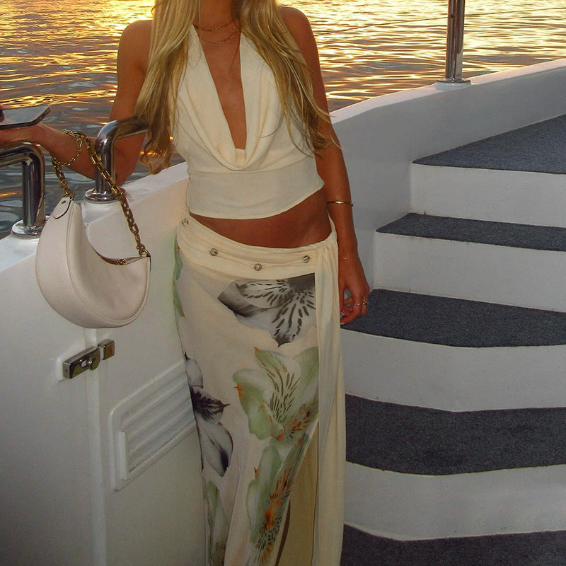 Damen Elegantes Maxikleid mit floralem Halterdesign und seitlichem Schlitz R&B