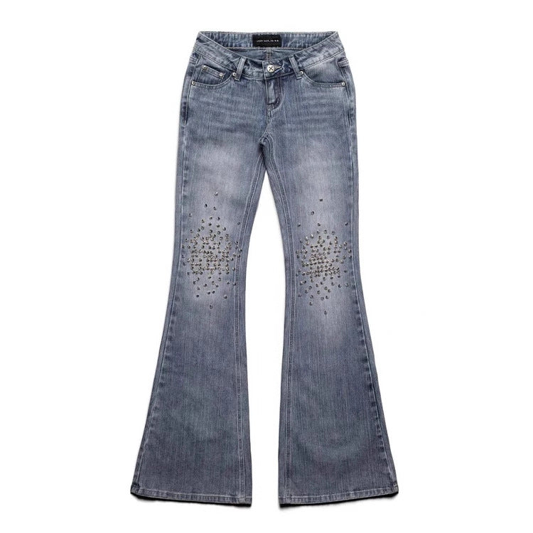 Damen Modische Bootcut-Jeans mit glitzernden Nieten R&B