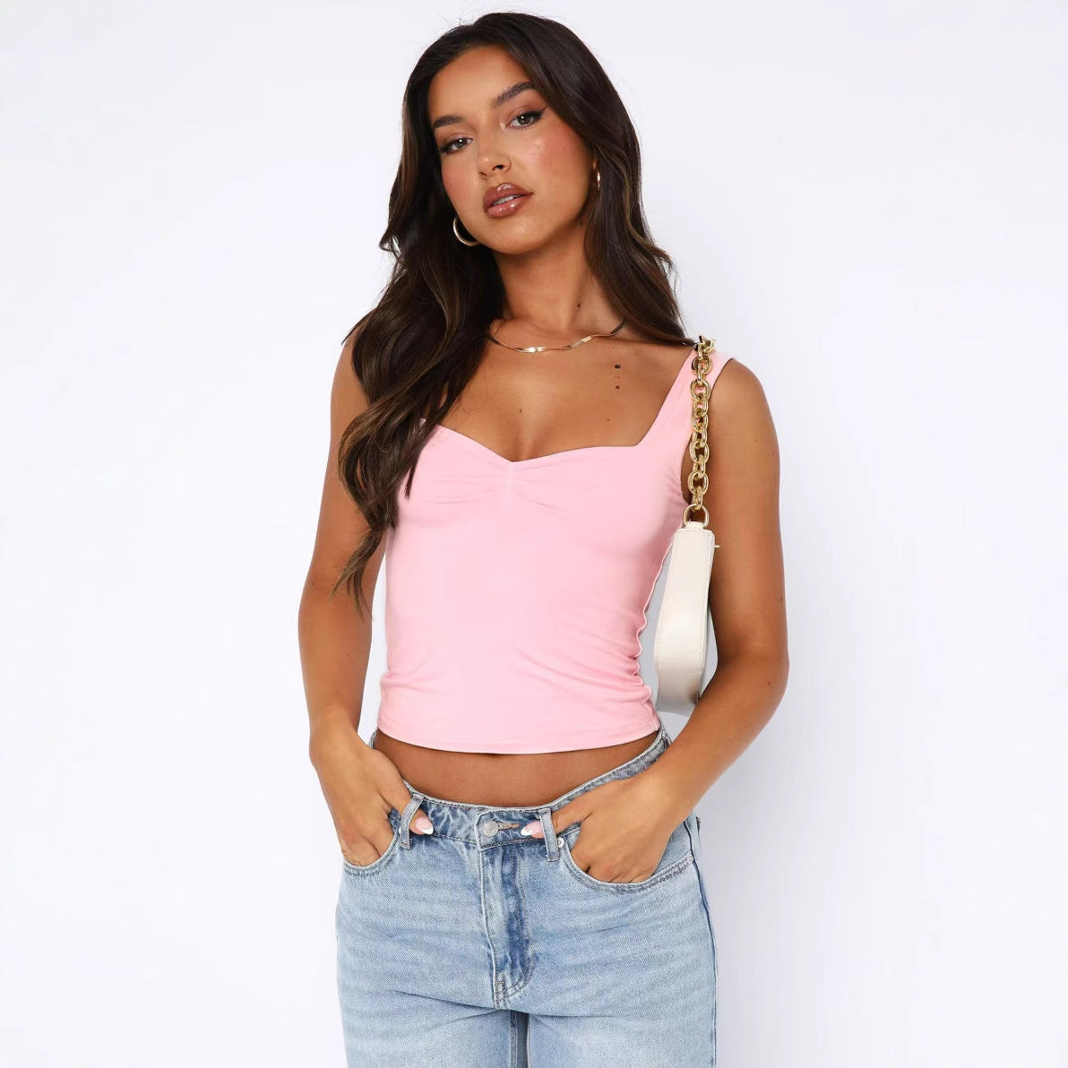 Damen figurbetontes Crop-Top mit breiten Trägern und V-Ausschnitt R&B