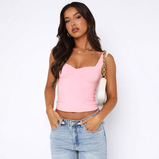 Damen figurbetontes Crop-Top mit breiten Trägern und V-Ausschnitt R&B