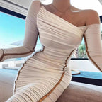 Damen Langarm-Midi-Kleid mit asymmetrischem Schnitt und romantischem Rüschendesign R&B