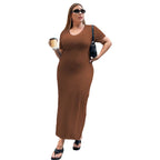 Damen Figurbetontes Maxikleid mit Seitenschlitz und Rippenstruktur R&B