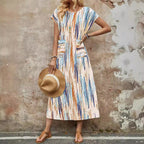 Damen Maxikleid mit praktischen Taschen und modischem Streifenmuster R&B