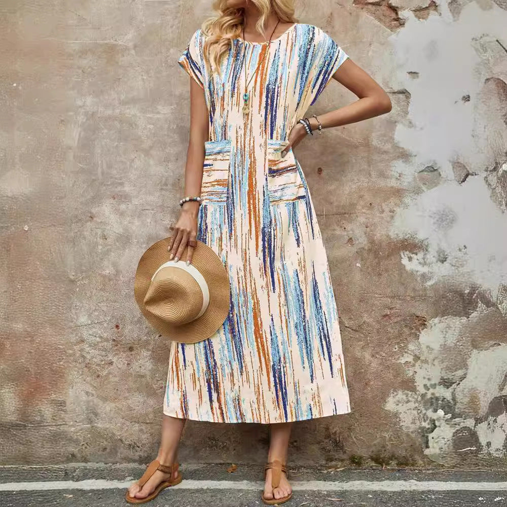 Damen Maxikleid mit praktischen Taschen und modischem Streifenmuster R&B