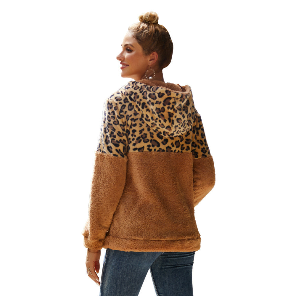 Damen kuscheliger Kapuzenpullover mit aufregendem Leopardenmuster und Kängurutasche R&B