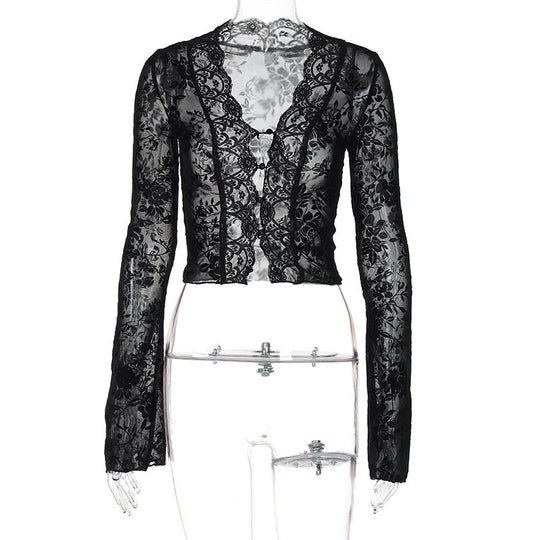 Damen Spitzenbluse mit Leopardenmuster und tiefem V-Ausschnitt R&B