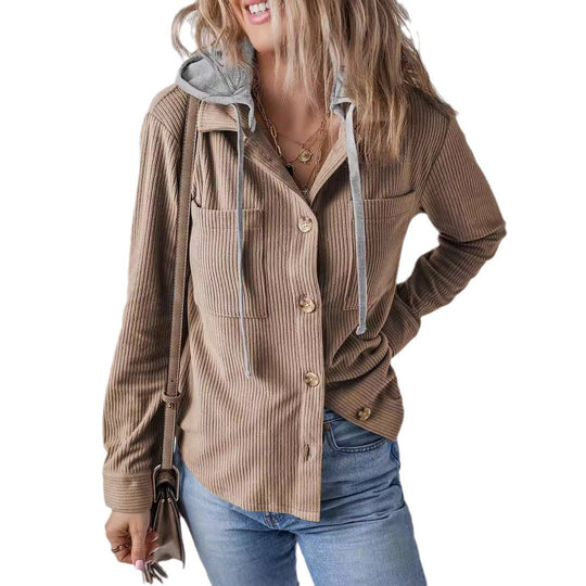 Damen lässige Oversized-Hemdjacke mit Kapuze und strukturiertem Stoff R&B