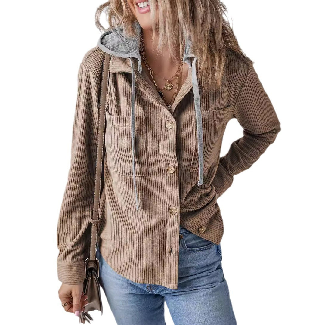 Damen lässige Rippenstruktur Hemdjacke mit Kapuze R&B