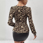 Damen nan taillierter Langarm-Body mit Spitzen-V-Ausschnitt und Leopardenmuster R&B