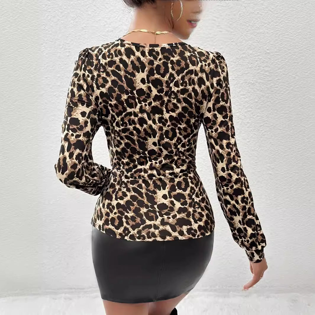 Damen nan taillierter Langarm-Body mit Spitzen-V-Ausschnitt und Leopardenmuster R&B