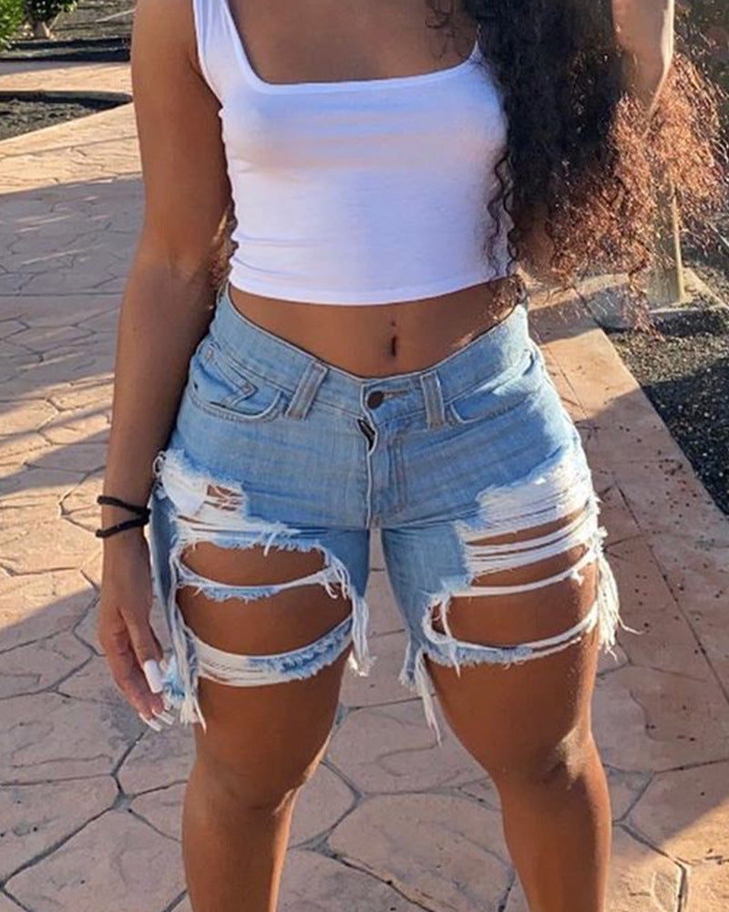 Damen Jeans-Shorts mit modischen Destroyed-Details und fransigen Säumen R&B