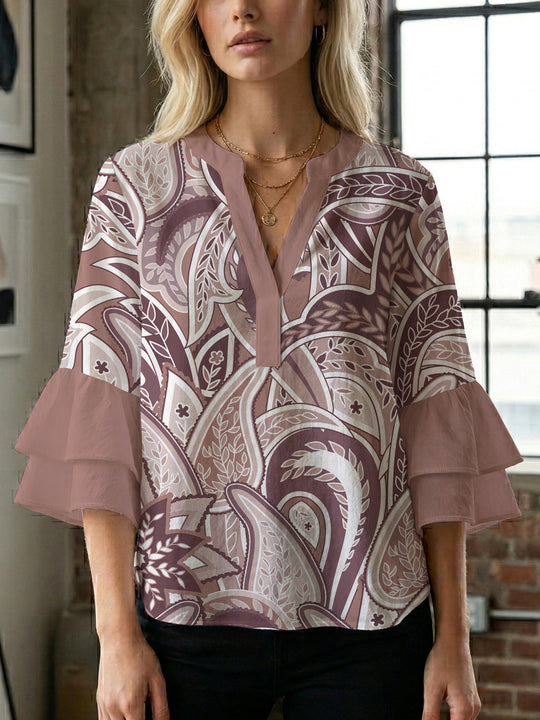 Damen Bluse mit voluminösen Rüschenärmeln und kreativem Floraldesign R&B