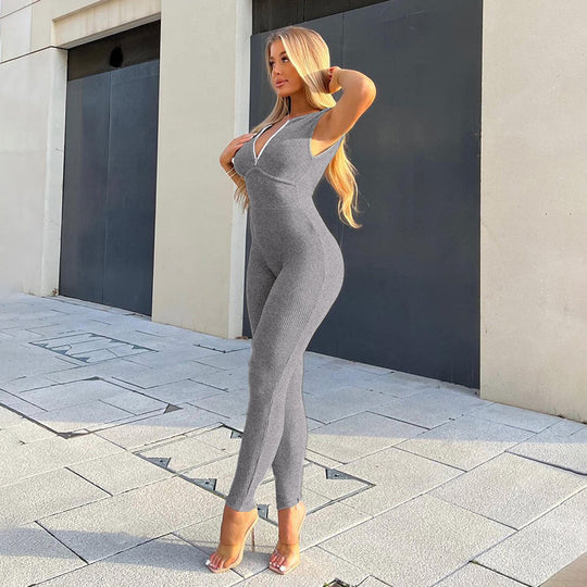 Damen figurbetonter Jumpsuit mit elegantem Reißverschluss und schmalem Bein R&B