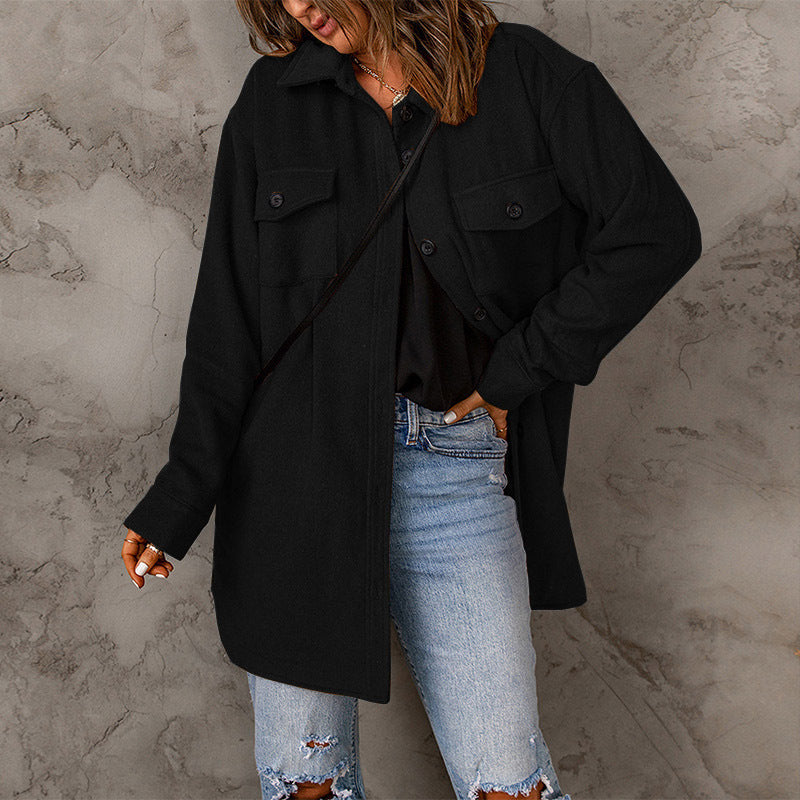 Damen vielseitige Oversize-Hemdjacke mit aufgesetzten Taschen und Knopfverschluss R&B