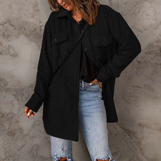 Damen vielseitige Oversize-Hemdjacke mit aufgesetzten Taschen und Knopfverschluss R&B
