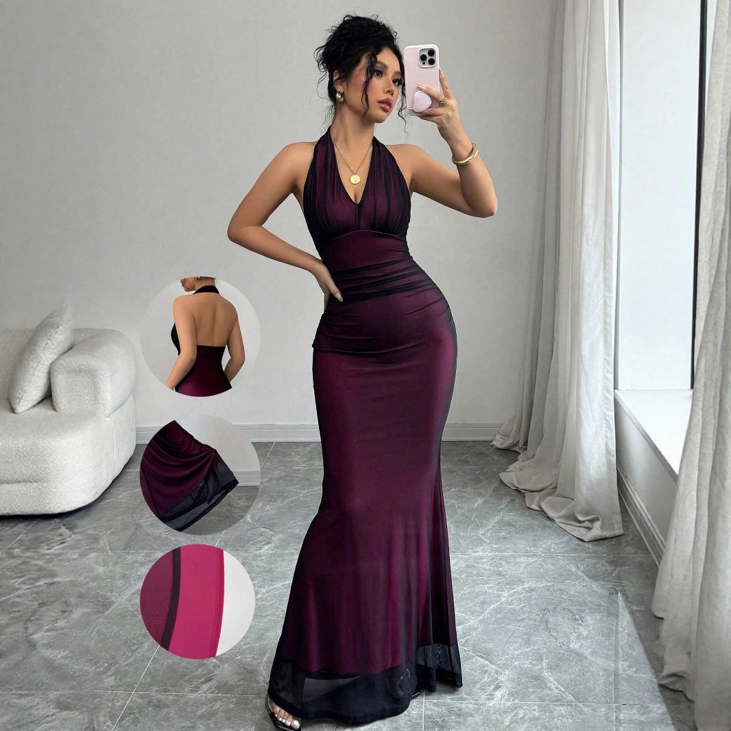 Damen Elegantes Maxikleid mit tiefem V-Ausschnitt und taillierendem Schnitt R&B