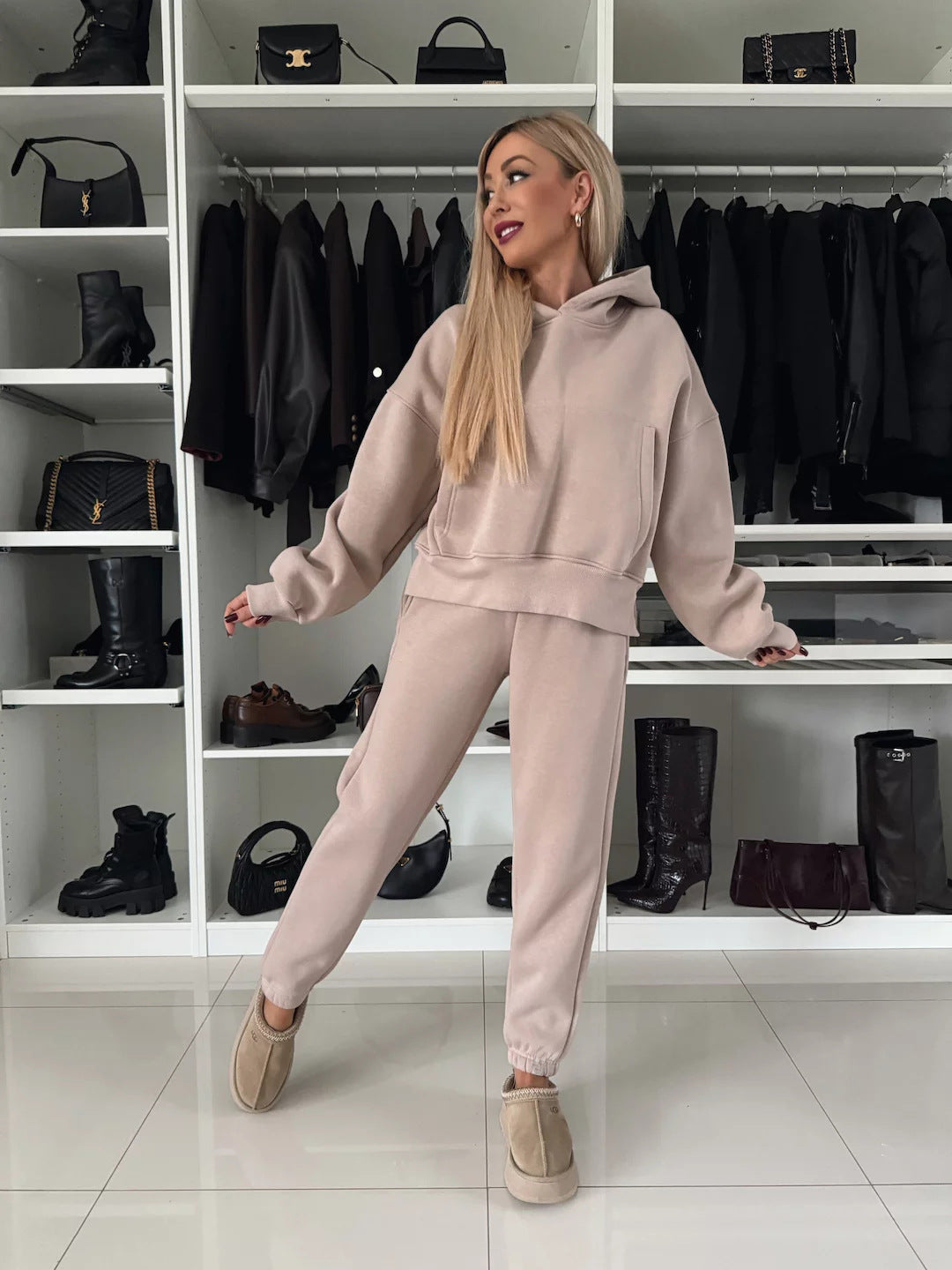 Damen lässiges Fleece-Set mit cropped Hoodie und bequemer Hose R&B
