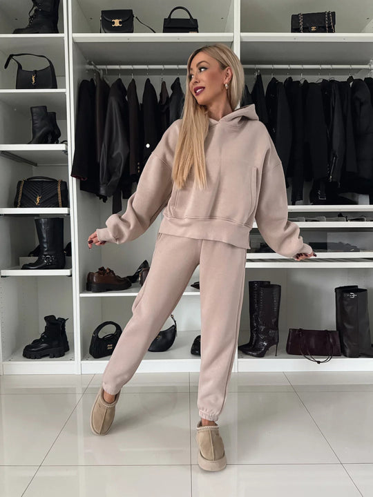 Damen lässiges Fleece-Set mit cropped Hoodie und bequemer Hose R&B