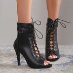 Damen Schnürstiefeletten mit offener Zehenpartie und hohem Absatz R&B