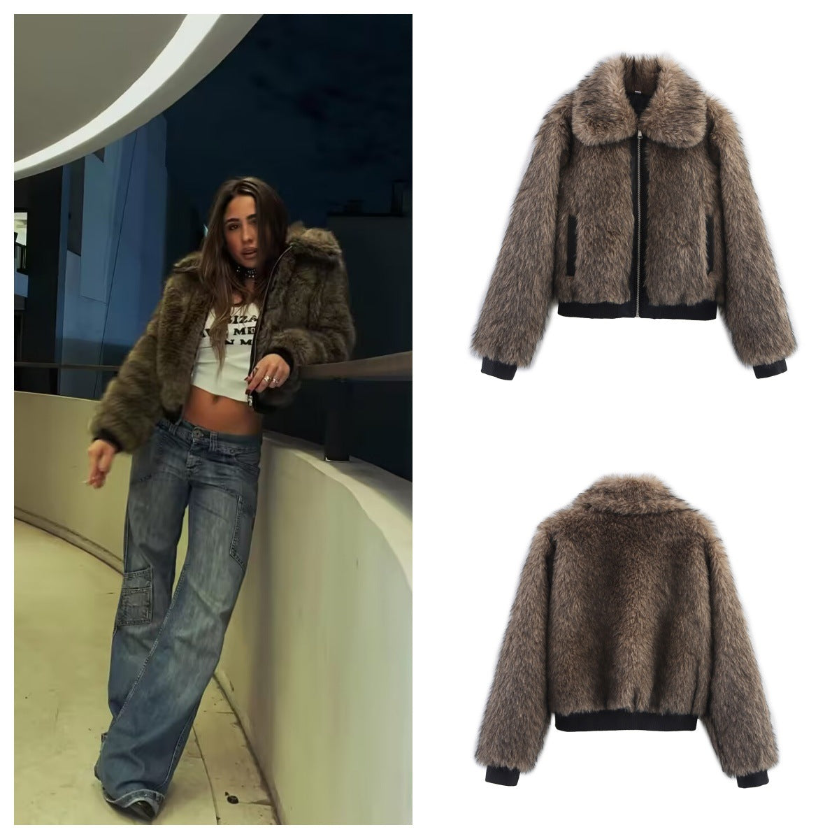 Damen kuschelige Kunstpelzjacke mit modischem Kragen R&B