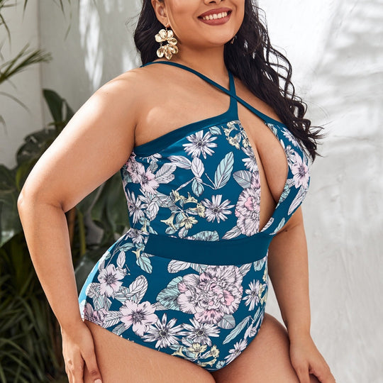 Damen Sportlicher Badeanzug mit tiefem V-Ausschnitt und floralem Design R&B