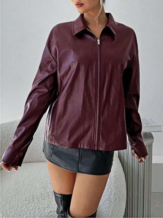 Damen leichtgewichtige Kunstlederjacke mit modernem Reißverschluss R&B