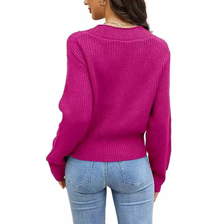 Damen lässiger Strickpullover mit tiefem V-Ausschnitt und Knopfdetails R&B