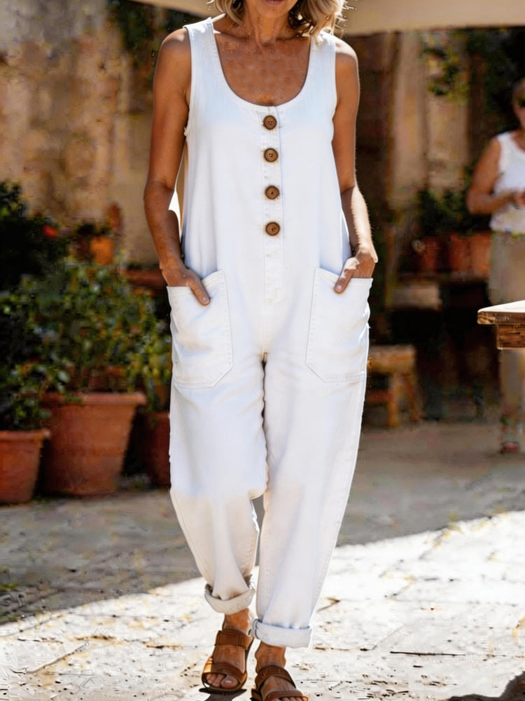 Damen Lässiger Jumpsuit mit Knopfdetails und seitlichen Taschen R&B