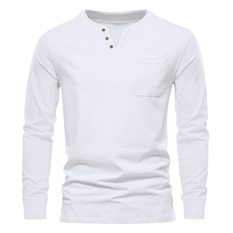 Herren Langarm-Henley-Shirt mit praktischer Brusttasche und modischem Knopfdesign R&B