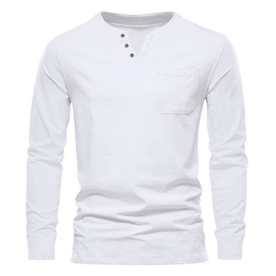 Herren Langarm-Henley-Shirt mit praktischer Brusttasche und modischem Knopfdesign R&B