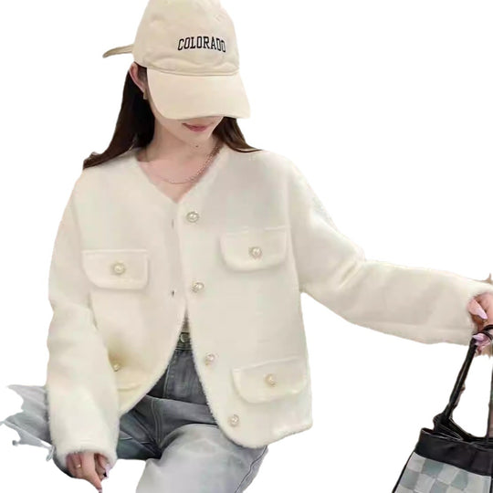Damen Flauschiger Cardigan mit dekorativen Knopfdetails und praktischen Taschen R&B