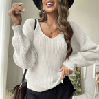 Damen Grobstrickpullover mit weiten Ärmeln und V-Ausschnitt