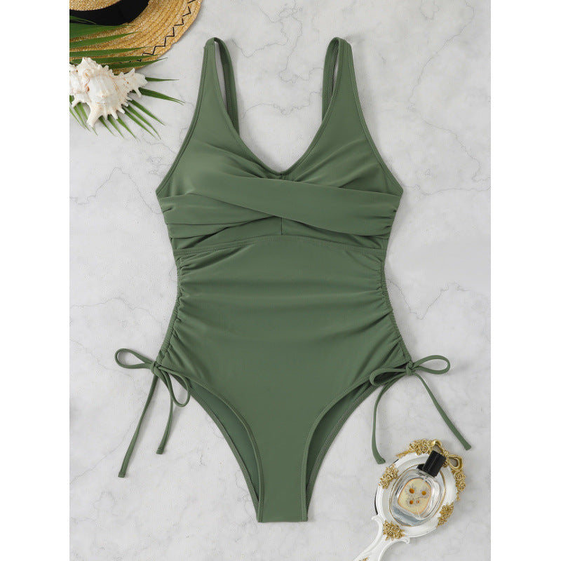 Damen Einteiler Badeanzug mit elegantem Wickeldesign und verstellbaren Schnürdetails R&B