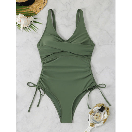 Damen Einteiler Badeanzug mit elegantem Wickeldesign und verstellbaren Schnürdetails R&B