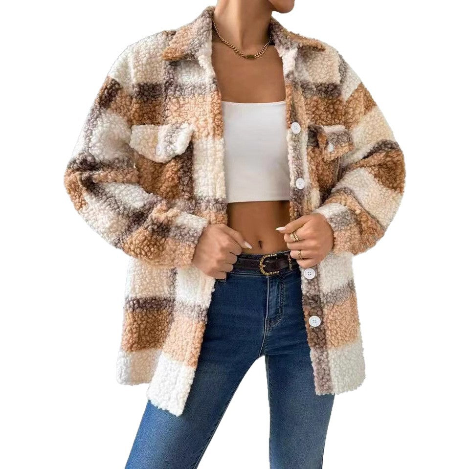 Damen Plüsch Overshirt mit Karomuster R&B